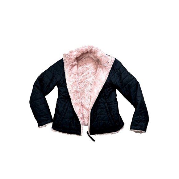 Me Jane Girls’ Reversible Jacket Black Puffer Pink Faux Fur 12 Zip Band Collar - Picture 1 of 13